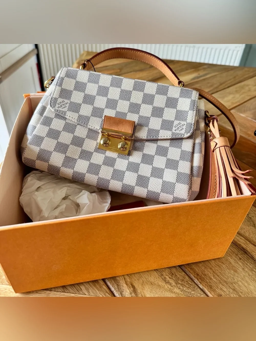 Louis Vuitton Cream and Light Gray Damier Azur Top Handle Satchel